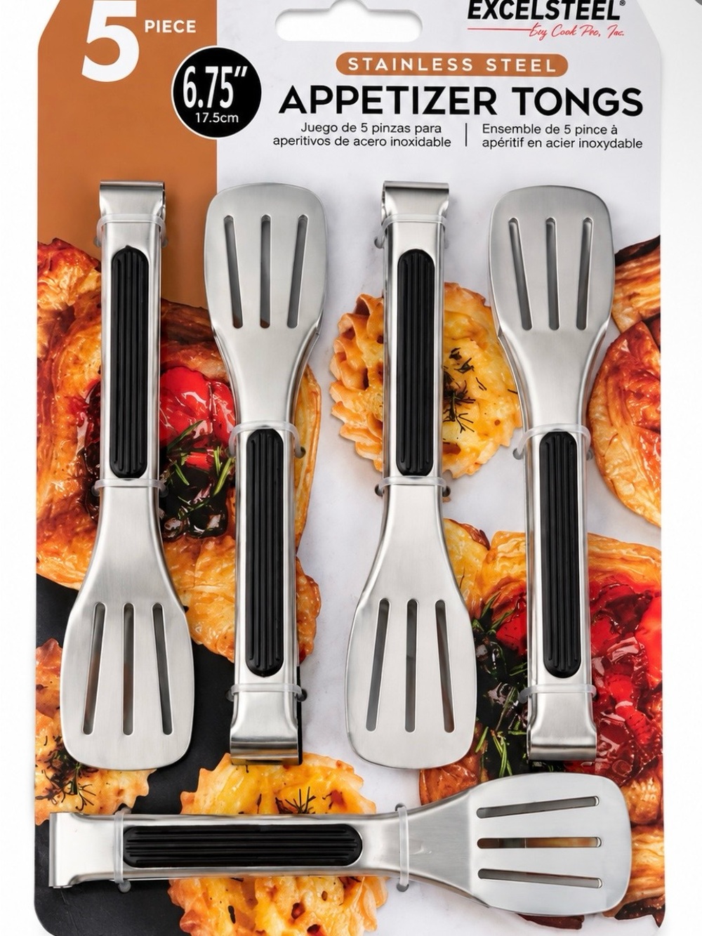 Stainless Steel Appetizer Tongs Set - Black & Silver (5-Pack)
